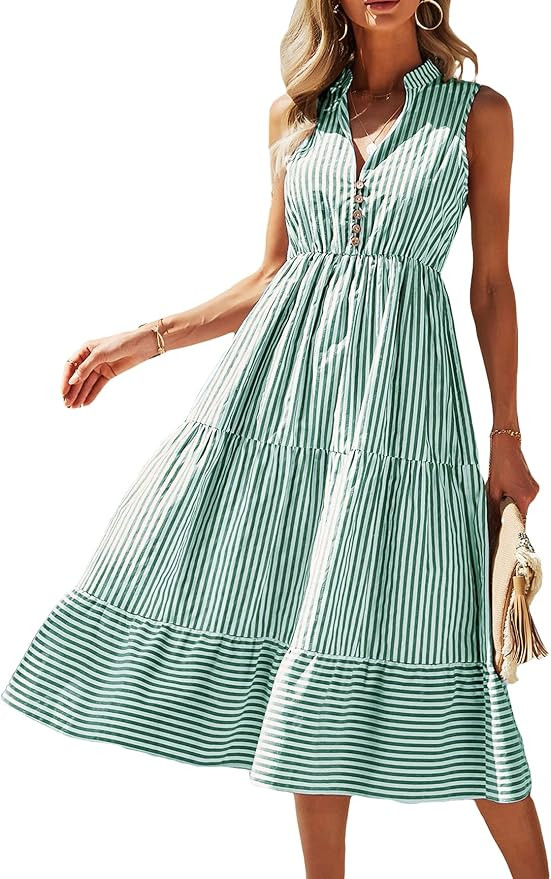 Floerns Women's Striped Print Notched Neck Sleeveless Ruffle A Line Midi Dress | Amazon (US)
