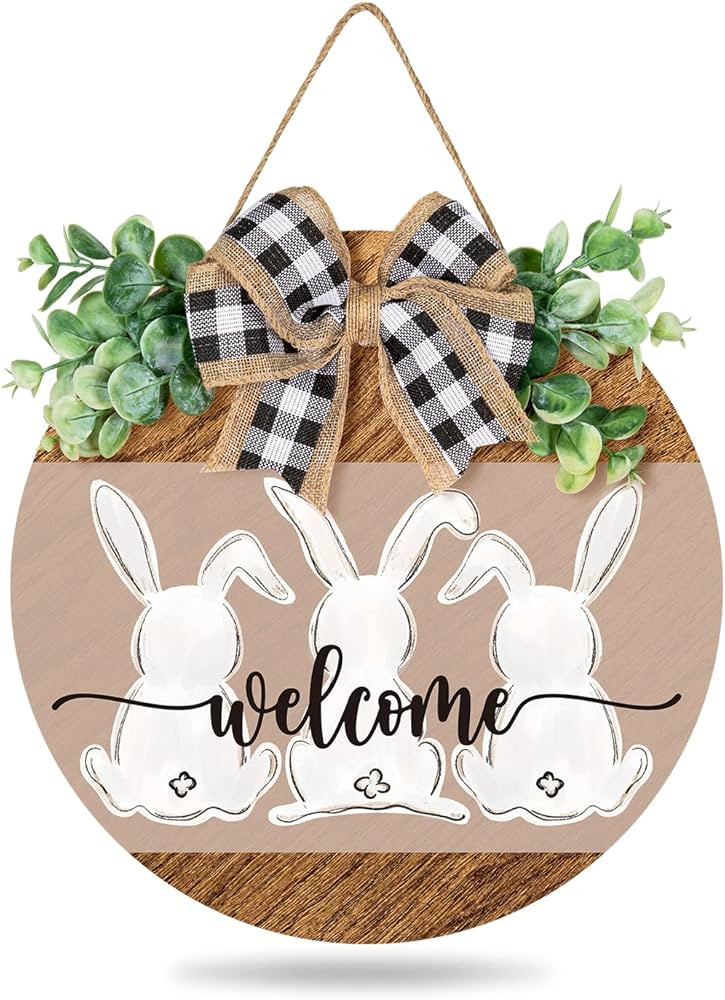 Whaline Easter Wooden Hanging Sign Bunny Rabbit Welcome Sign Door Decoration with Bow Rustic East... | Amazon (US)