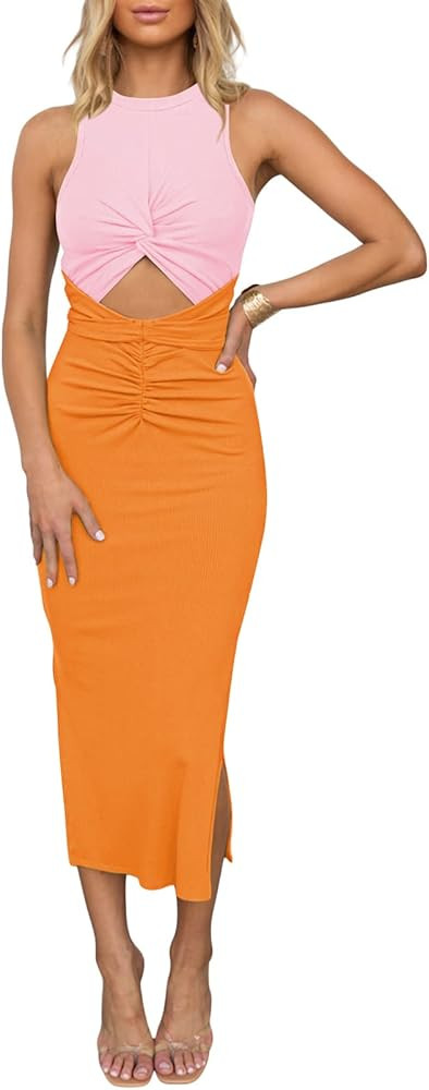 HUUSA Women's Sexy Sleeveless Hollow Out Slim Bodycon Dress Crewneck Crisscross Twist Ruched Slit... | Amazon (US)