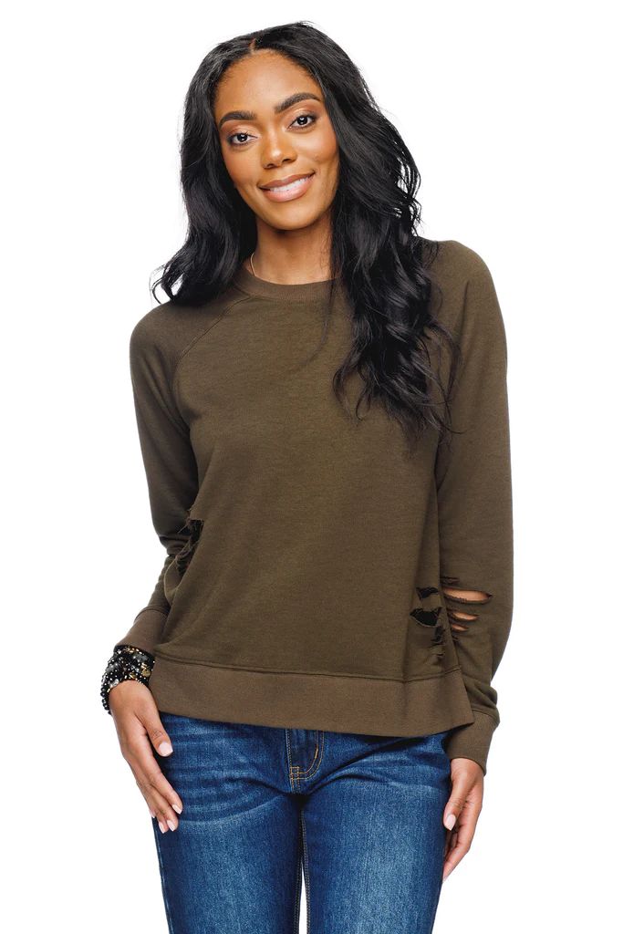 BuddyLove Denise Distressed Long Sleeve Lounge Sweater - Army | BuddyLove