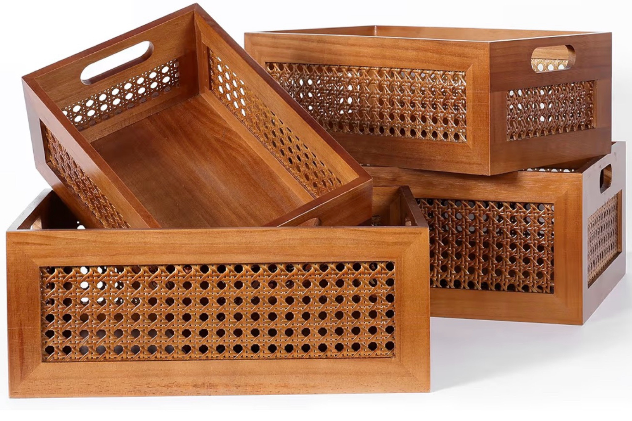 Wooden Storage Basket Set of 4 Handmade Rattan Drawer Storage Box with Frame & Handles Decorative Natural Bamboo Woven Bins Rustic Farmhouse Decor Home Office Tabletop Shelf Organizer