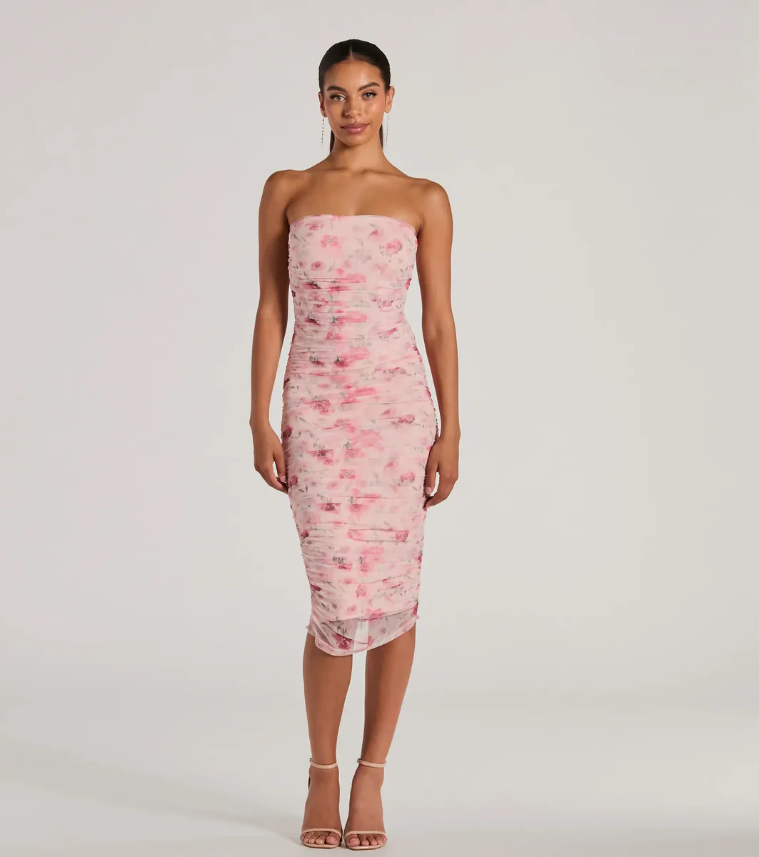Love And Floral Strapless Mesh Midi Dress | Windsor Stores