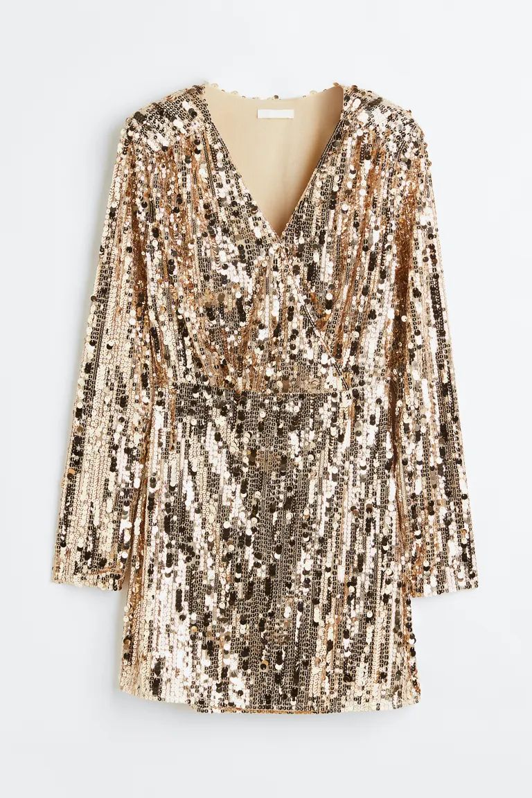 Sequined wrap dress - Gold-coloured/Sequins - Ladies | H&M GB | H&M (UK, MY, IN, SG, PH, TW, HK)