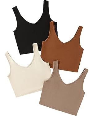 Milumia Women's 4 Pack Ribbed Knit V Neck Sleeveless Plain Fitted Crop Tank Top Set | Amazon (US)