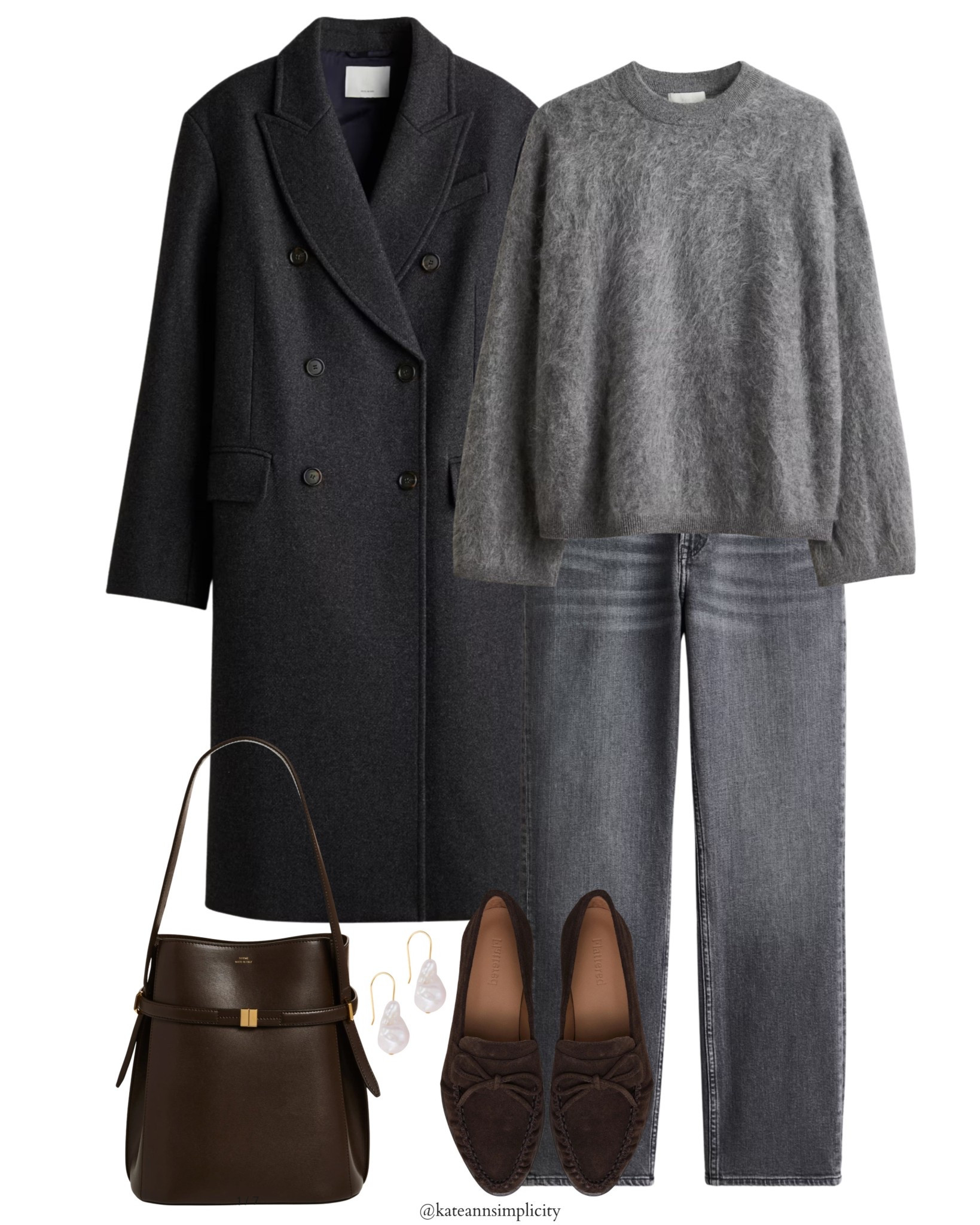 Building a capsule wardrobe is all about choosing pieces that work every day — and this outfit is the perfect example. A charcoal double-breasted coat, a soft grey mohair sweater and straight-leg washed denim create a balanced, minimalist base. Paired with chocolate loafers, a structured brown bag and pearl-drop earrings, the look feels elevated while staying effortlessly wearable.

This is the kind of outfit you can repeat all winter without ever feeling overdressed or underdressed — timeless silhouettes, neutral tones and quality fabrics doing all the work.

If you’re creating a winter capsule wardrobe, save this for inspiration. 🤎🧥✨


#LTKMidsize #LTKSeasonal #LTKPetite