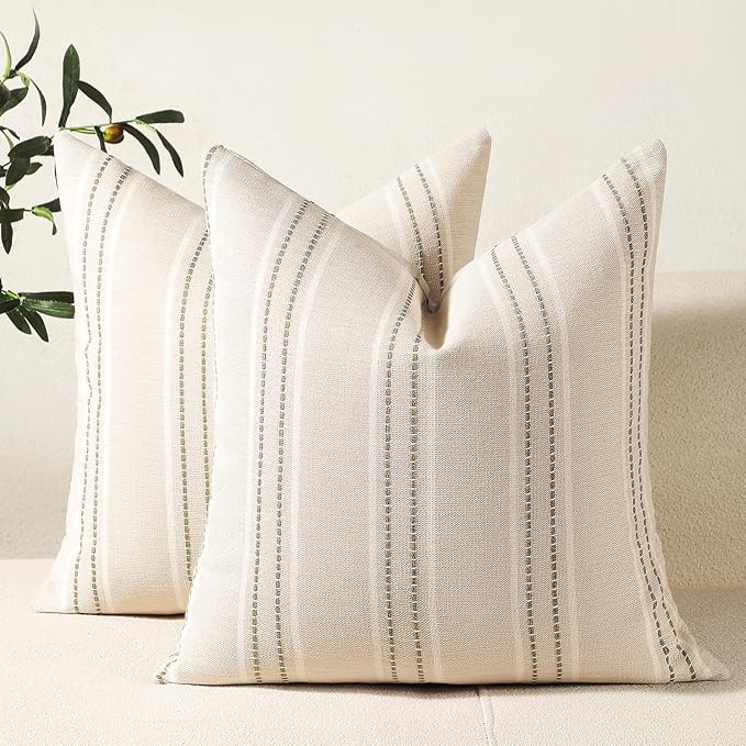 Hckot Decorative Pillow Covers 18x18 Striped Throw Pillows Textured Linen Pillow Covers Farmhouse... | Amazon (US)