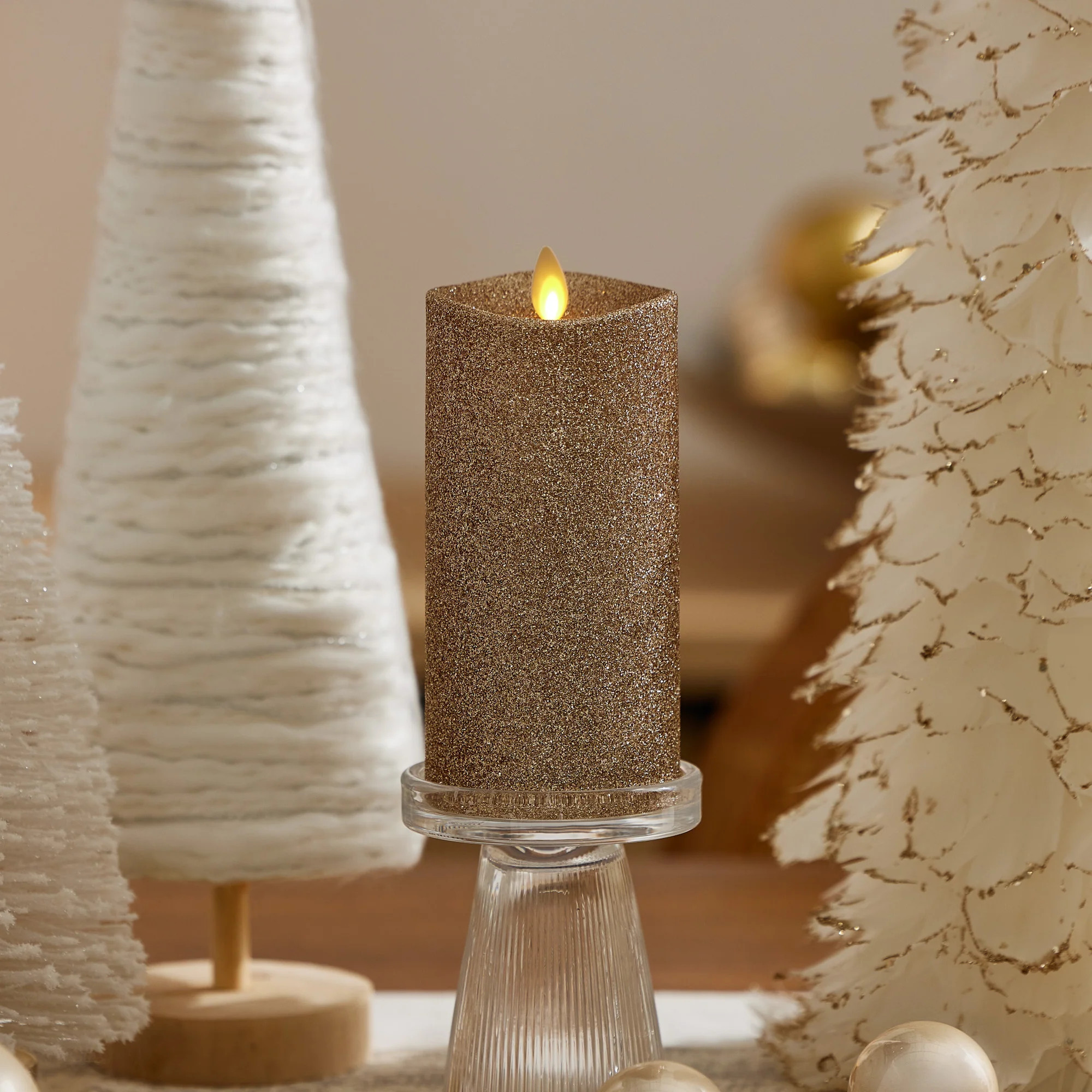 Gold Glitter Flameless Candle Pillar | Luminara