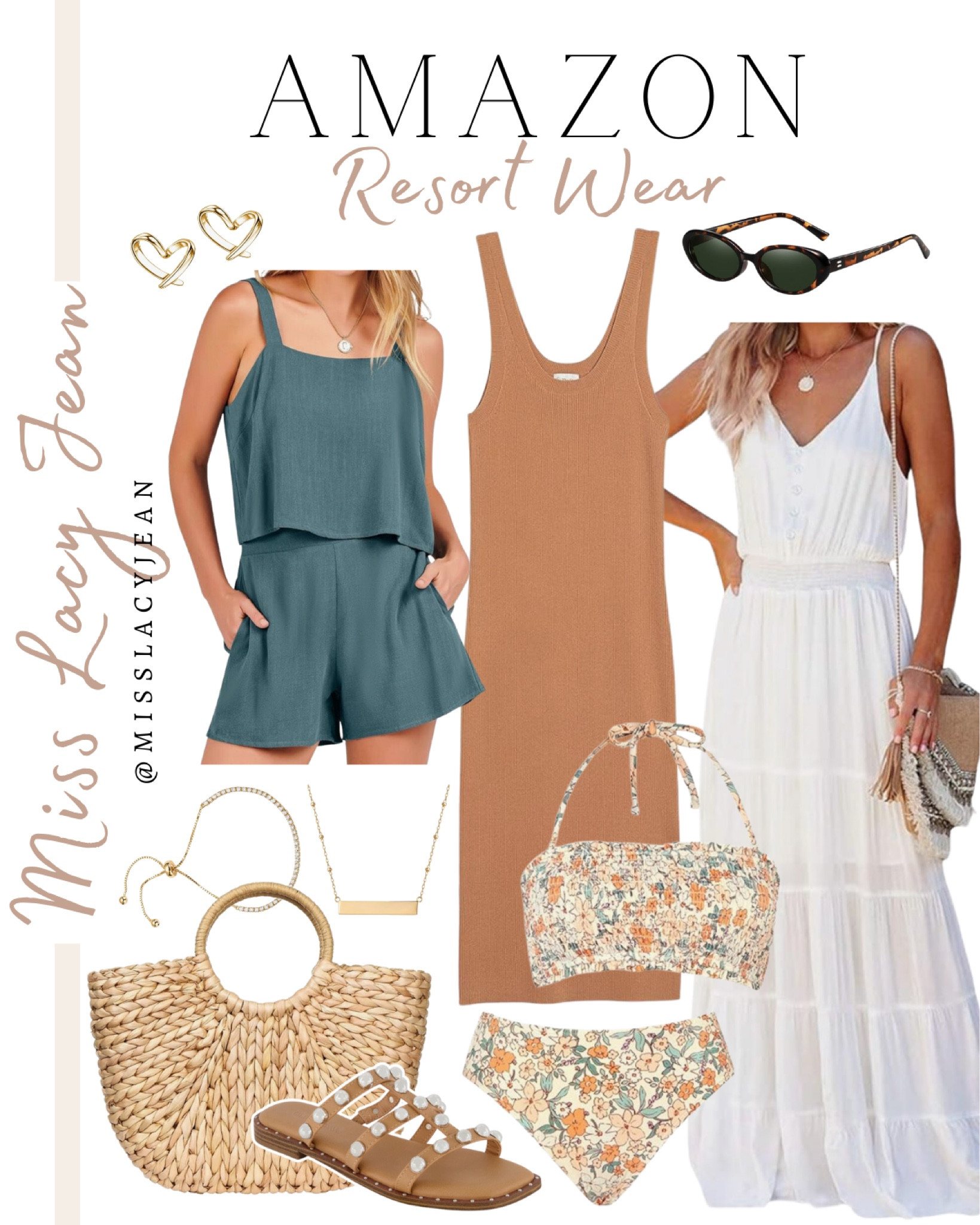 Amazon resort wear finds include long white dress, tank dress, sunglasses, swim suit, straw bag, gold necklace, gold bracelet, heart earrings, slide shoes.

Resort wear, vacation must haves, spring break, Amazon finds

#LTKswim #LTKfindsunder100 #LTKstyletip