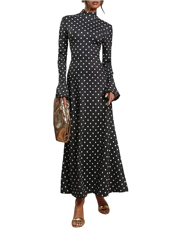 Milumia Women's Polka Dots Long Bell Sleeve Maxi Dress Elegant Mock Neck A Line Vintage Long Dres... | Amazon (US)