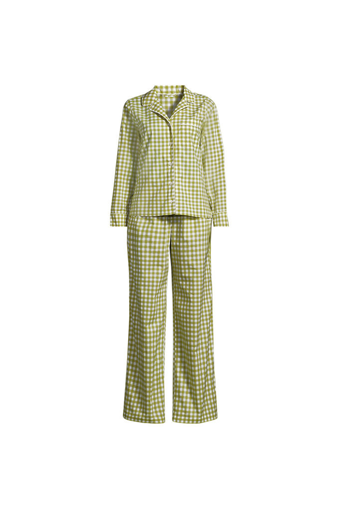 Women's Petite Cotton Poplin 2 Piece Pajama Set - Long Sleeve Top and Pants - Lands' End - Green - L | Lands' End (US)