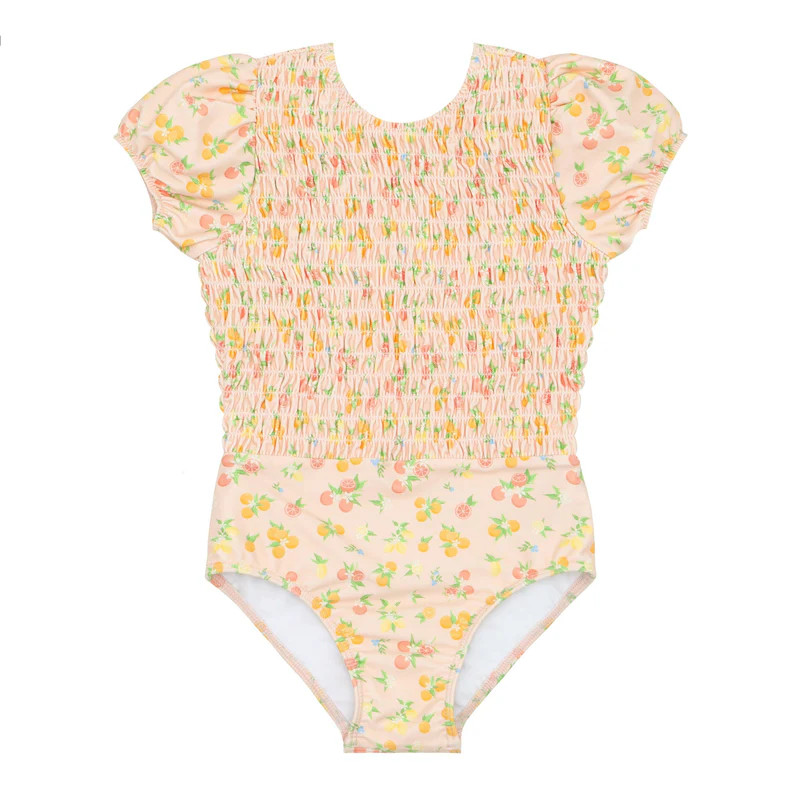 girls citrus grove puff sleeve smocked one piece | minnow
