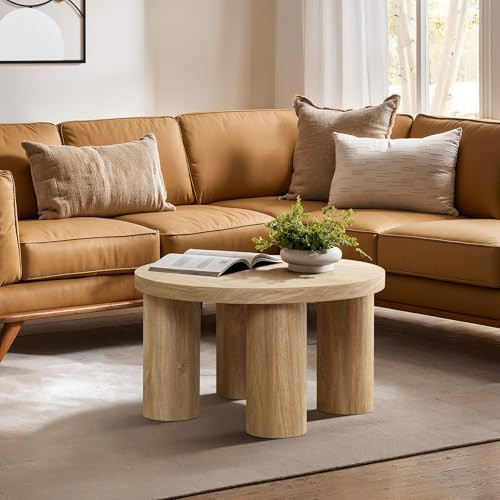 LuxenHome Round Coffee Table with 4 Pillar Legs, 27.5'' Wide Accent Center Table, Modern Farmhouse Oak Finish Wooden Low Cocktail Tea End Table with Sturdy Base for Living Room Home Office | Amazon (US)