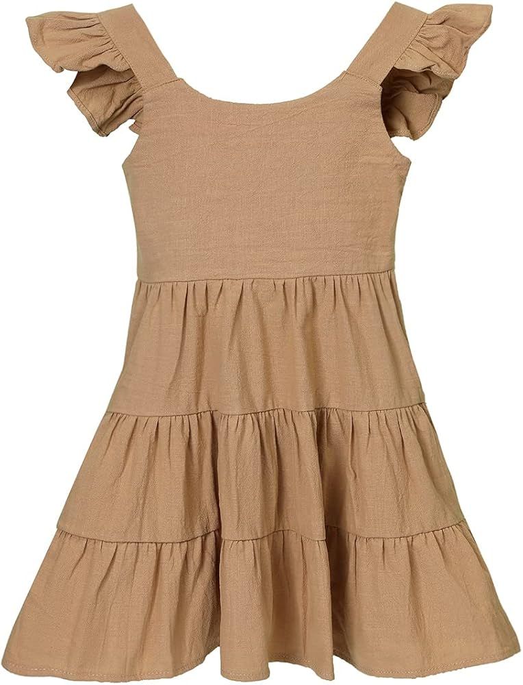 USKIDKK Toddler Baby Girl Summer Dress Cotton Linen Kids Princess Beach Party Sleeveless Dresses | Amazon (US)