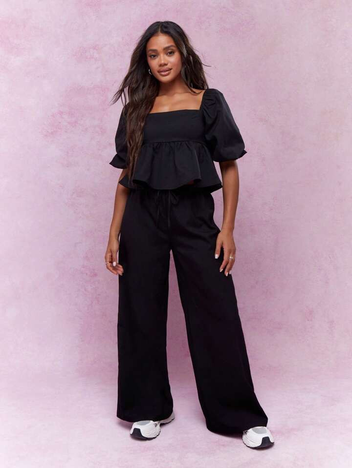 MISSGUIDED Volant-Saum Ballonärmel Quadratischer Ausschnitt Peplum Top Und Hose Mit Weitem Saum Zweiteiler Set | SHEIN