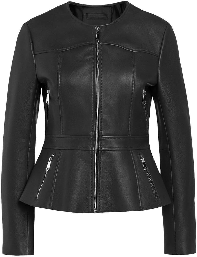 Women's Real Lambskin Peplum Leather Jacket Collarless Style Biker Genuine Leather Jackets for Wo... | Amazon (US)