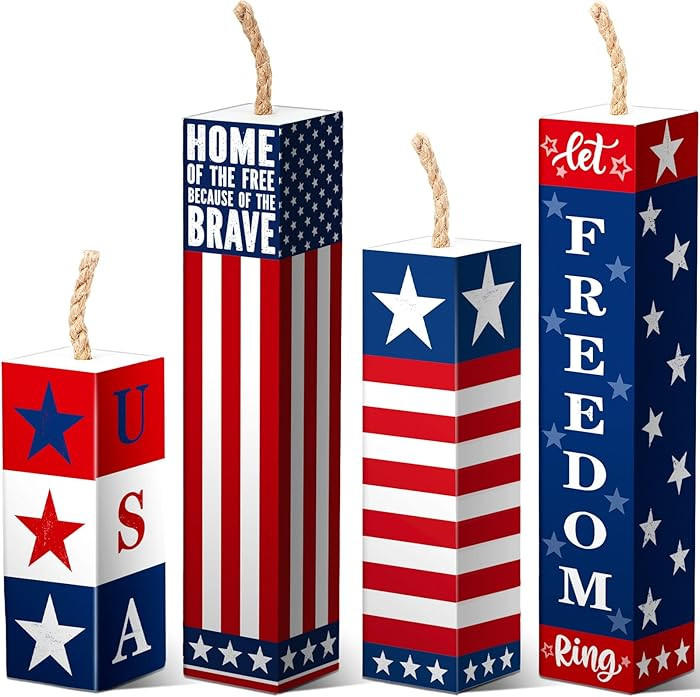 4 Pcs 4th of July Table Decorations, Patriotic Wooden Firecracker Decor, USA Red White Blue Tiere... | Amazon (US)