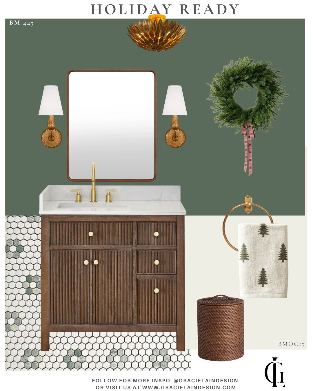Holiday-ready without going overboard ✨
This powder room proves that classy and elegant can still feel festive. The classic wood vanity, warm brass accents, walnut mirror, elegant lighting, and that stunning marble floor do all the heavy lifting year-round… all we added was a simple wreath and a holiday hand towel and voilà — instant seasonal magic.

Wrapped in Benjamin Moore's Holiday Wreath, this rich green tone brings warmth, depth, and the perfect backdrop for both everyday style and holiday charm. A space that transitions beautifully from season to season — just how we love it 🤍

See more design details & sources at gracielaindesign.com

#PowderRoomDesign #HolidayReadyHome #ClassicInteriors #LTKHome #BathroomDesign #TimelessDesign #WarmBrassAccents #InteriorInspo #GreenInteriors #HolidayDecor #BenjaminMoore #HolidayWreath #MarbleFlooring #ElegantSpaces #GracielaInDesign 

 #LTKSeasonal #LTKHome #LTKSaleAlert