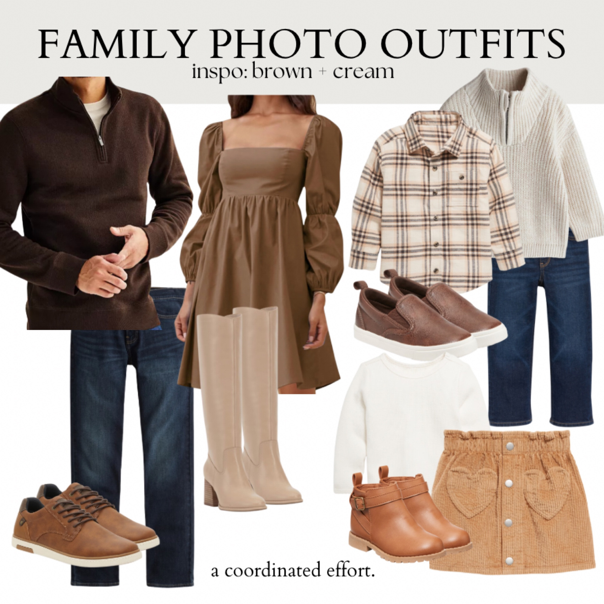 What to wear for family pictures: brown & cream outfits
(Could also be the perfect thanksgiving outfit!) 🤎
.
Brown short dress for mom
Tall beige leather boots 
Casual husband outfit for family photos
Brown and cream toddler outfit 


#LTKKids #LTKHoliday #LTKFamily