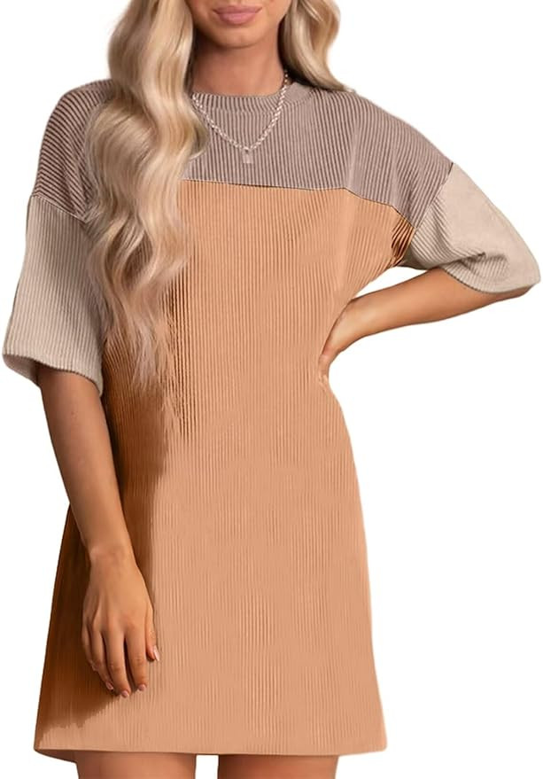 Acelitt Women's Casual Summer Color Block Crewneck Short Sleeve Vacation Tshirts Dress,S-XXL | Amazon (US)