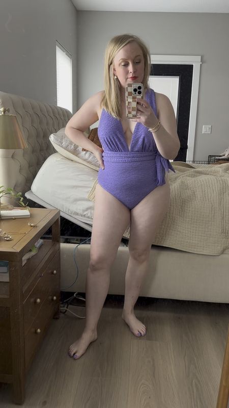 Loved the crinkle fabric on this one piece swimsuit. Full coverage bottom. I’m not exactly sure I got the tie right. More of a summer purple so sending back. A spring could probably make it work  