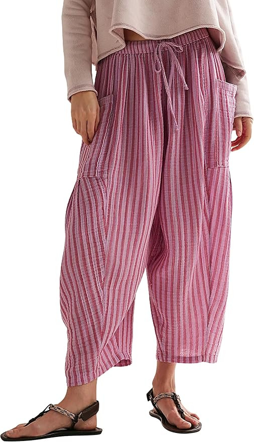 Women Summer Striped Harem Pants Casual Baggy Wide Leg Tapered Trousers Drawstring Waist Palazzo ... | Amazon (US)