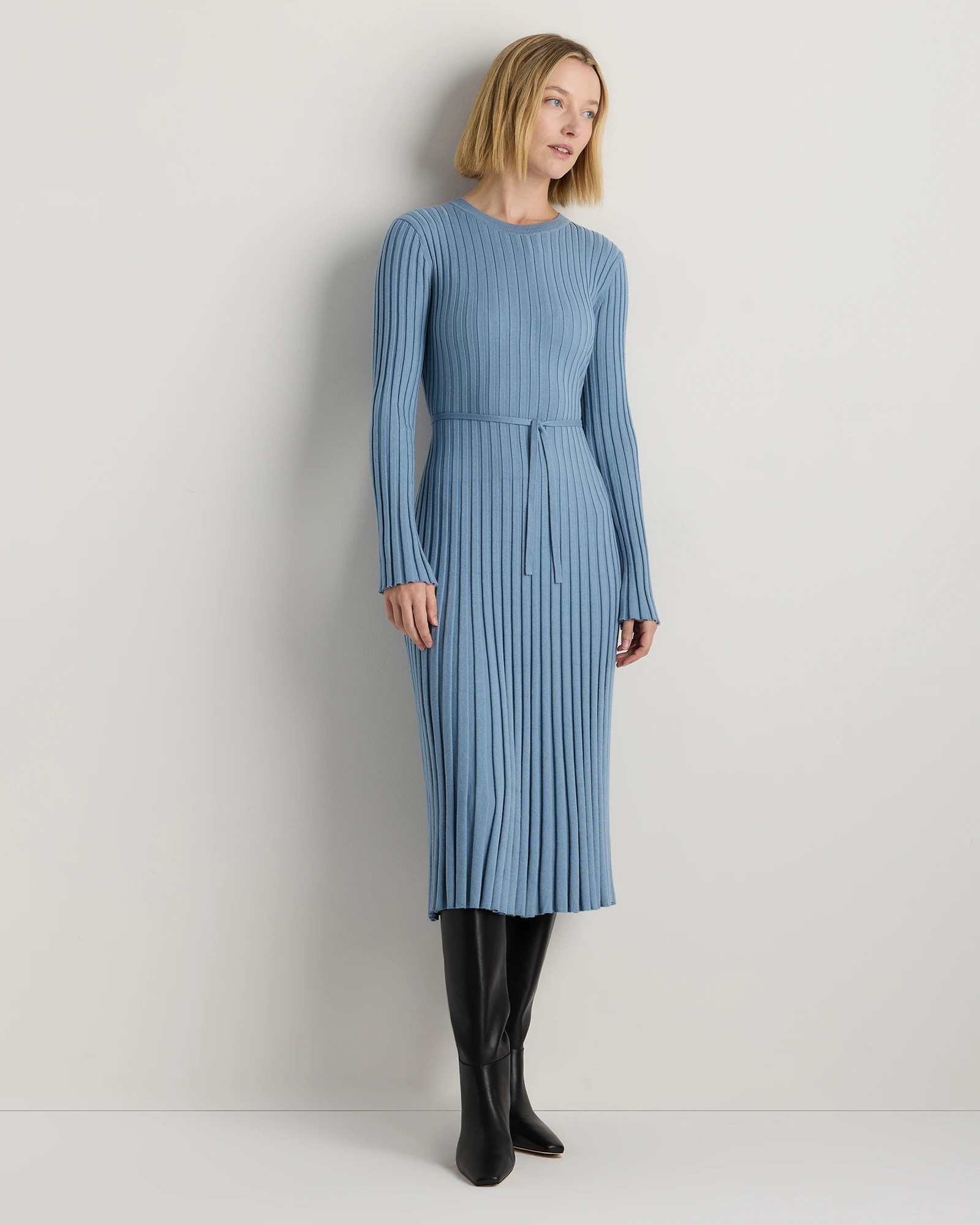 Quince | Women's Cotton Cashmere Ribbed Long Sleeve Crew Midi Dress in Heather Charcoal, Size XS | Quince