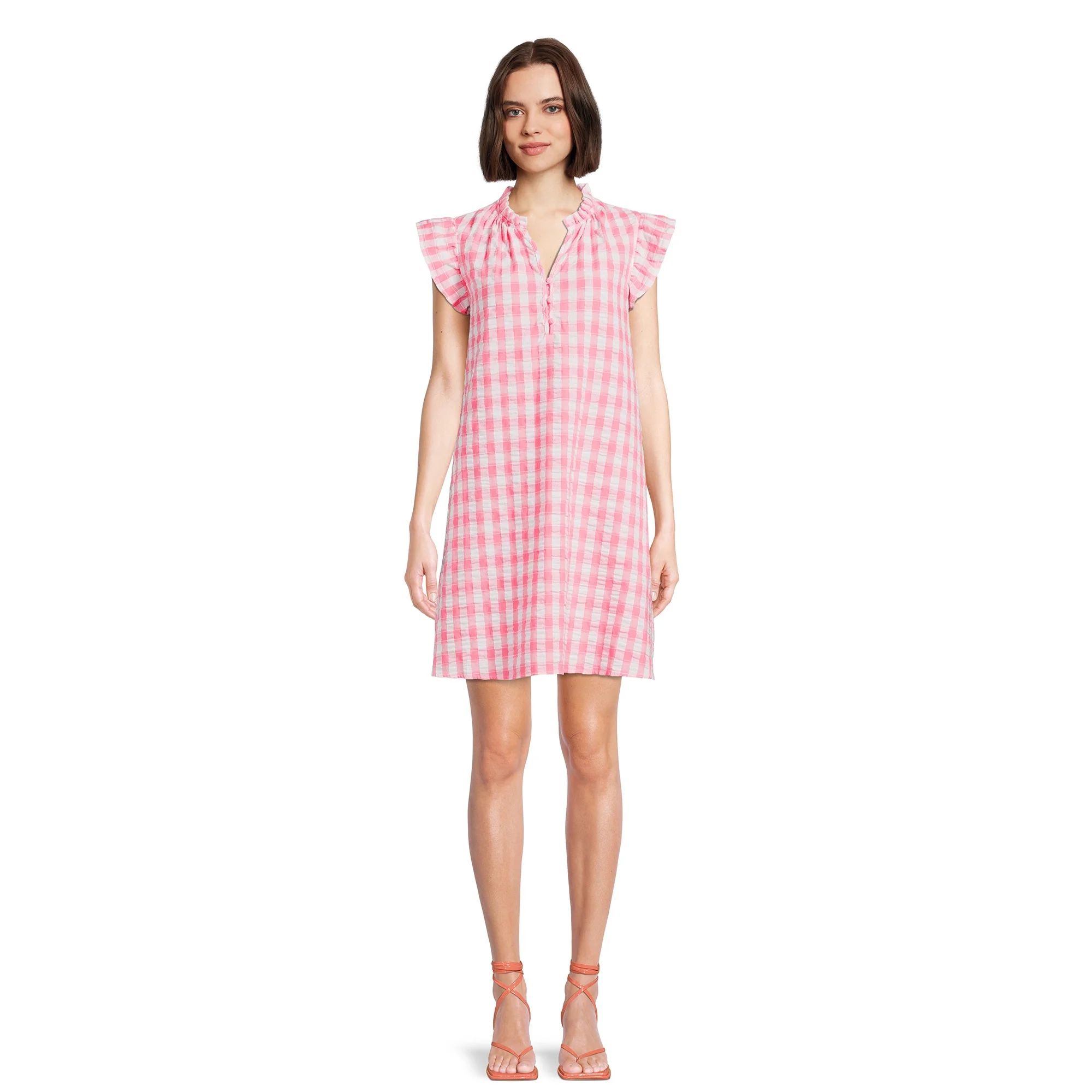 Time and Tru Women's Ruffle Collar Dress with Flutter Sleeves, Sizes XS-XXXL | Walmart (US)