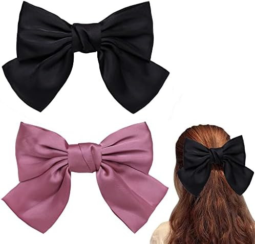 Big Black Hair Bow，2PCS Bow Hair Clips For Women Girls Pink Hair Bow Hair Barettes 8 Inch Satin... | Amazon (US)