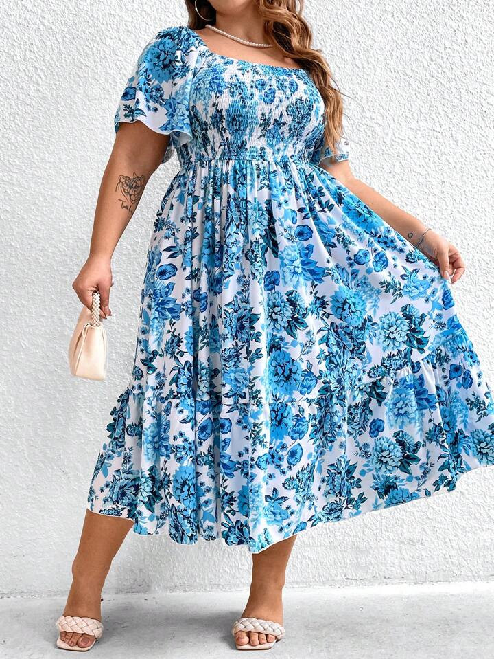SHEIN CURVE+ Plus Size Women's Floral Printed Square Neck Short Sleeve Fit & Flare Dress | SHEIN