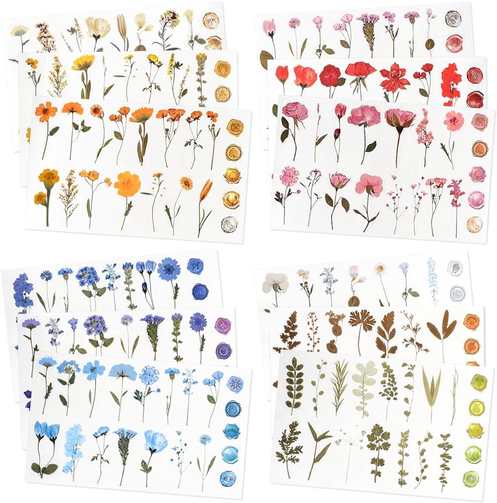 NESSCCI Pressed Flower Themed Stickers (Assorted 240 Pieces,12 Sheets) Scrapbook Supplies,Sticker... | Amazon (US)