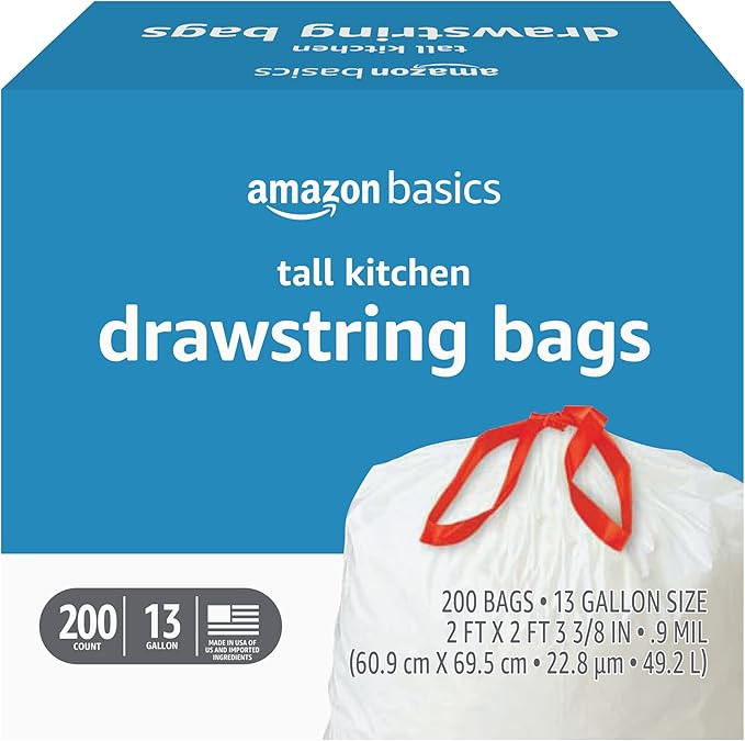 Amazon Basics Tall Kitchen Drawstring Trash Bags, 13 Gallon, 200 Count, Pack of 1 | Amazon (US)