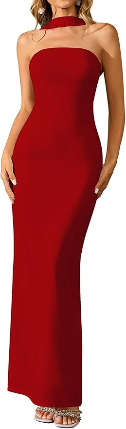 HTZMO Women Elegant Summer Bodycon Maxi Dress Halter Neck Formal Wedding Guest Cocktail Party Lon... | Amazon (US)