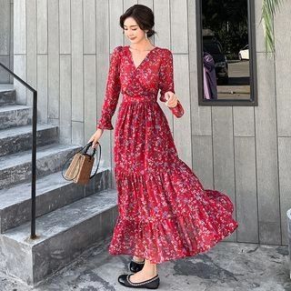 Tanzil Long-Sleeve Floral Maxi Chiffon Dress | YesStyle | YesStyle Global