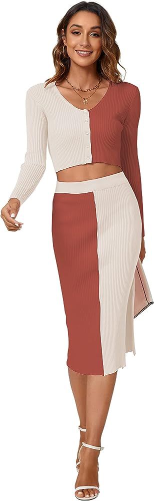 Aigeman Women's Casual 2 Piece Knit Outfit Sets Long Sleeve Cardigan Crop Tops and Bodycon Midi Skir | Amazon (US)