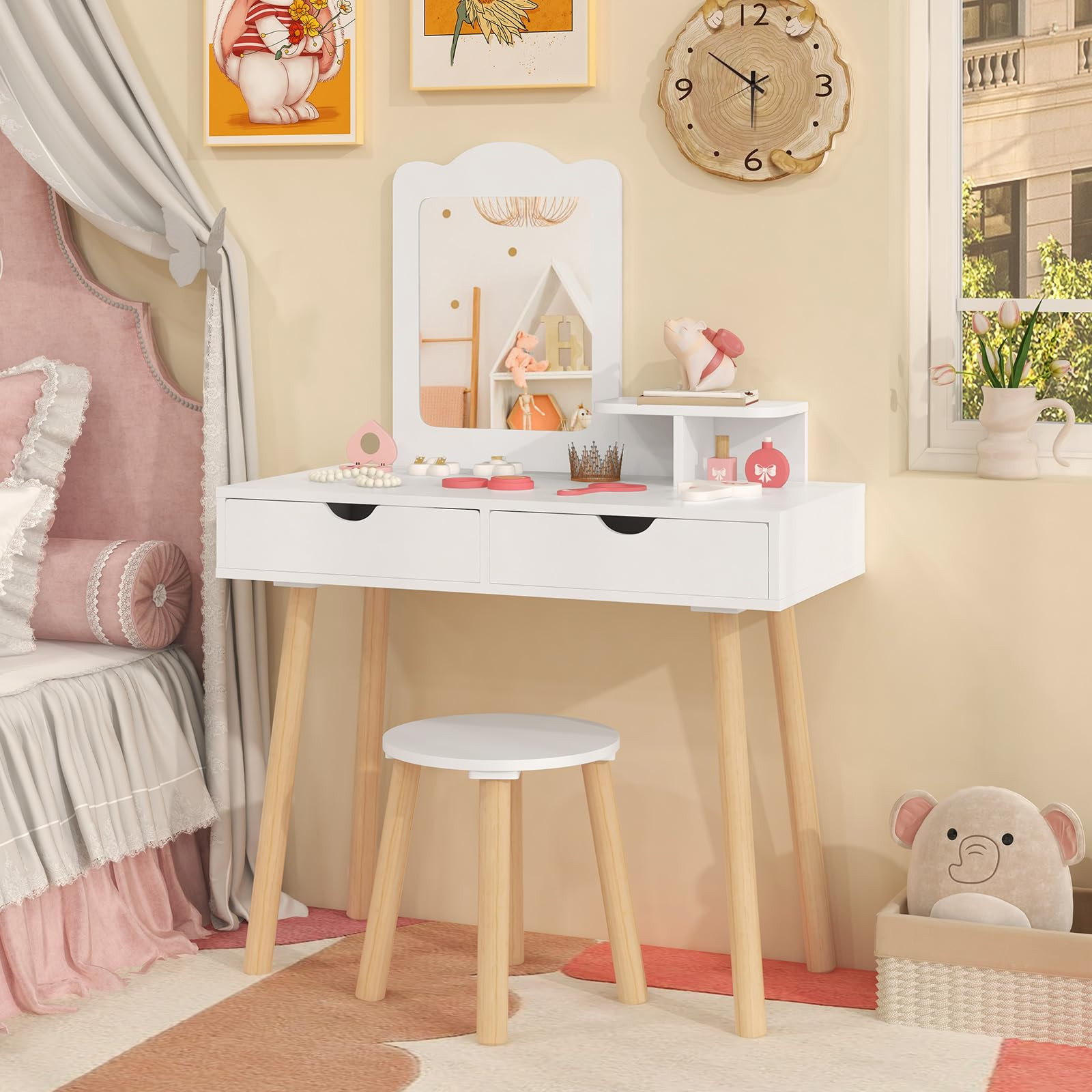 HONEY JOY Kids Vanity, Wooden Girls Vanity Set with Mirror and Stool, 2 Storage Drawer & Square M... | Amazon (US)