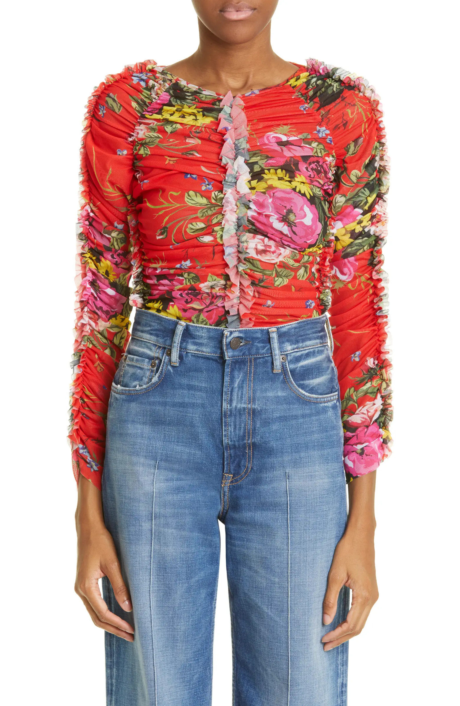 Molly Goddard Yumi Floral Print Ruched Mesh Top | Nordstrom | Nordstrom