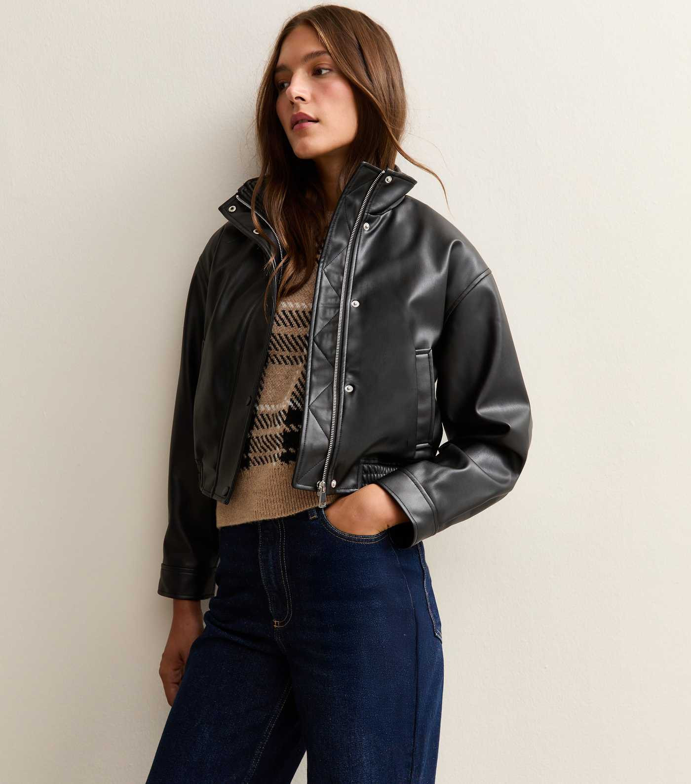 Black High Neck Faux Leather Bomber Jacket | New Look | New Look (UK)
