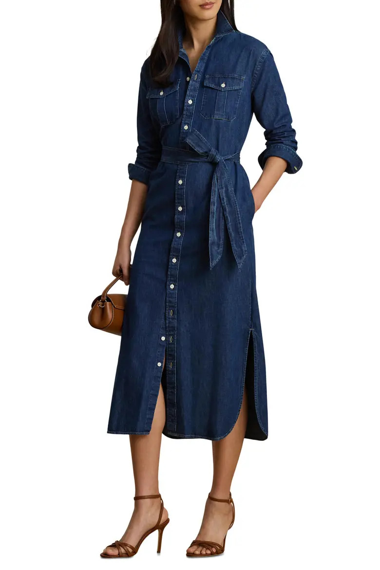 Lauren Ralph Lauren Long Sleeve Belted Cotton Denim Midi Shirtdress (Women) | Nordstrom | Nordstrom