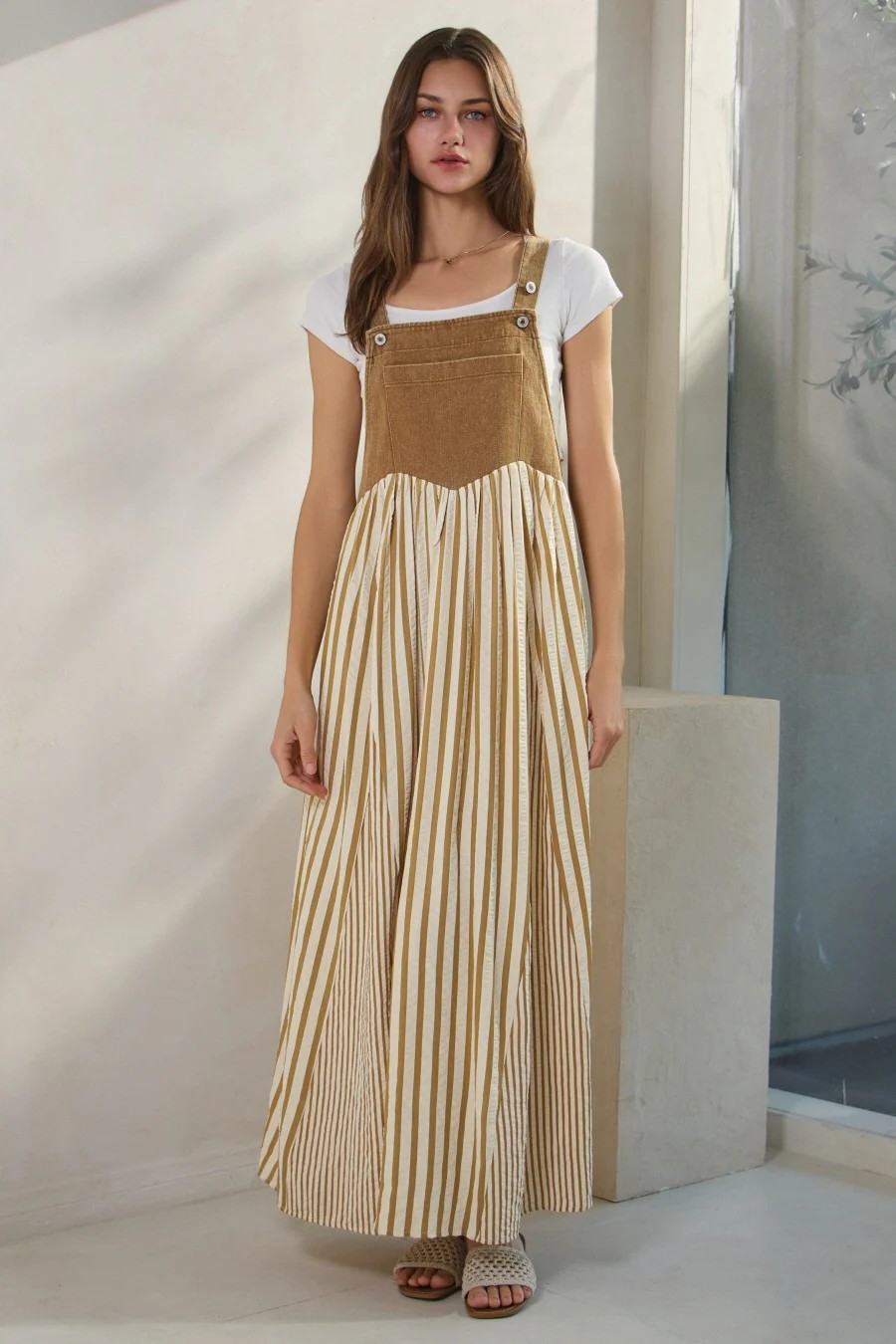 Camel Striped Colorblock Denim Contrast Maxi Dress | PinkBlush Maternity