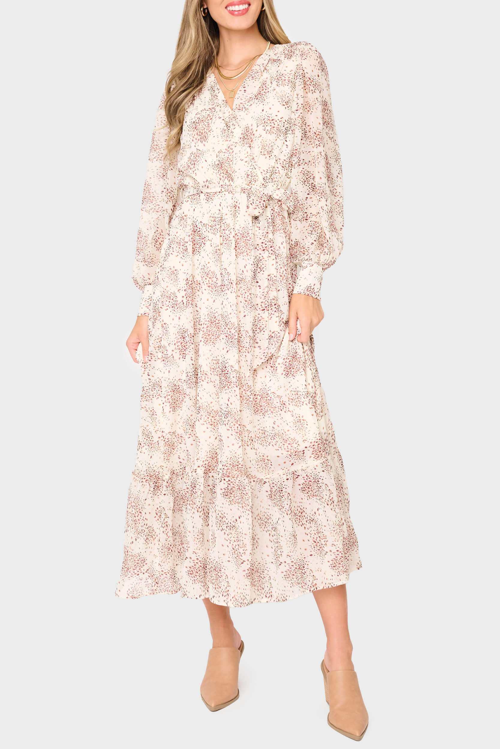 Flowy Wrap Maxi Dress | Dot Fawn Chiffon Print | Gibson