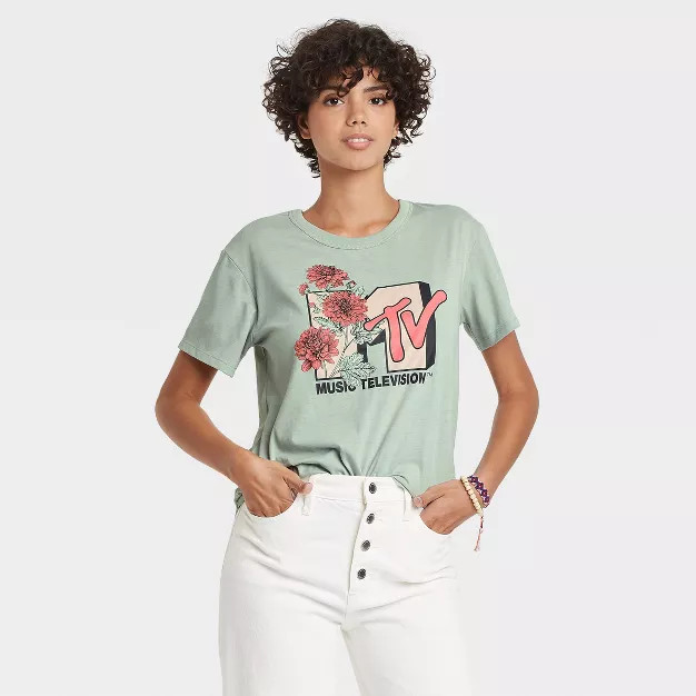 Women's MTV Floral Print Logo Short Sleeve Graphic T-Shirt | Target