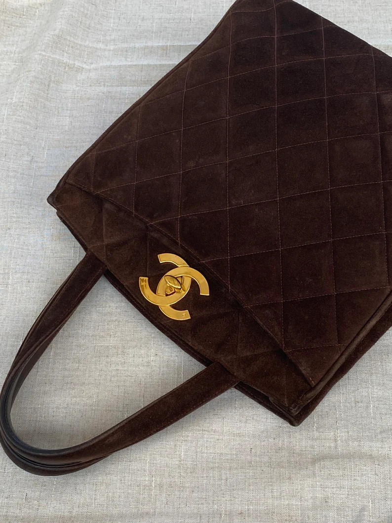 Vintage CHANEL CC Logo Turnlock JUMBO Matelasse Brown Suede Leather Shoulder Bag Tote Purse Rare ... | Etsy (US)