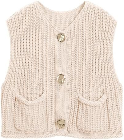 Hixiaohe Womens Crochet Chunky Knit Top Sleeveless Button Down Crop Tops Trendy Cardigan Sweater ... | Amazon (US)