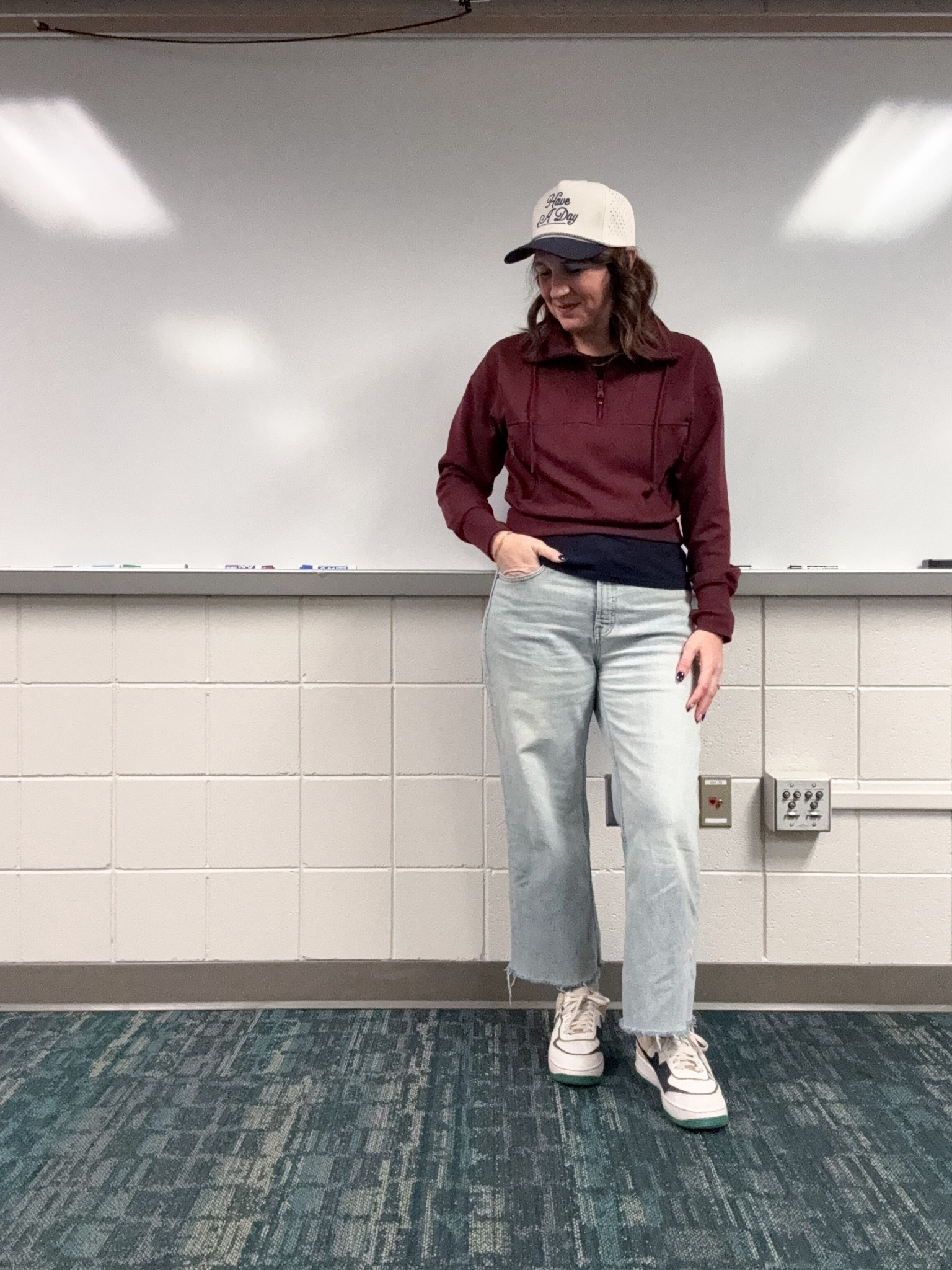 It was happening at school, so I threw on my new hat and kept the rest of the outfit pretty comfortable in basic. 

A navy layer under my sweatshirt  tied things together  