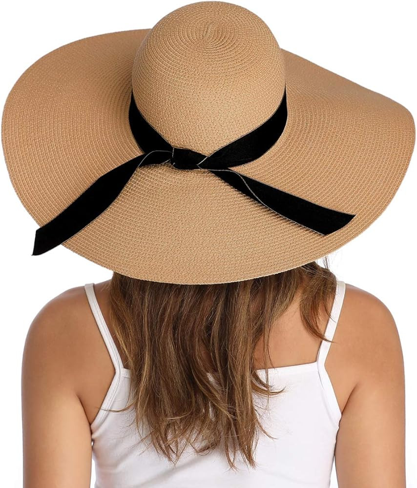 Lanzom Womens 5.5 Inches Wide Brim Straw Hat Floppy Foldable Roll up Cap Beach Sun Hat UPF 50+ | Amazon (US)