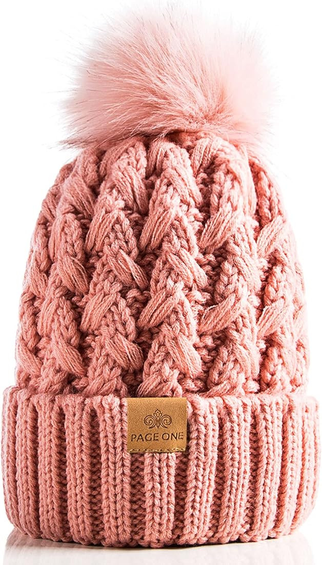 PAGE ONE Womens Winter Ribbed Beanie Crossed Cap Chunky Cable Knit Pompom Soft Warm Hat | Amazon (US)