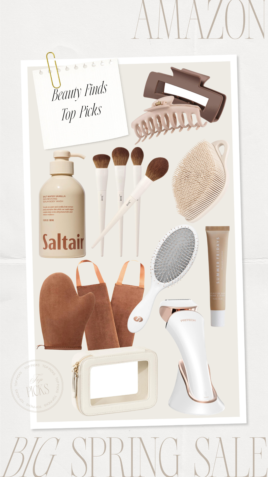 My top beauty picks on sale with the Amazon Big Spring Sale!

jaw clips, hair styling tools, self-tanner mitt, body wash, makeup brushes, beauty tools, silicone loofah, electric razor, lip balm, hair brush, toiletries bag, neutral beauty finds, grwm, morning routine, beauty routine 

 #LTKgrwm #LTKSaleAlert #LTKBeauty