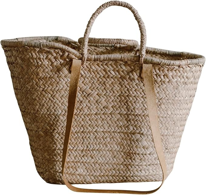 Generic The Jolie Market French Market Bag - Genuine Leather Straps and Woven Handles, Large Hand... | Amazon (US)