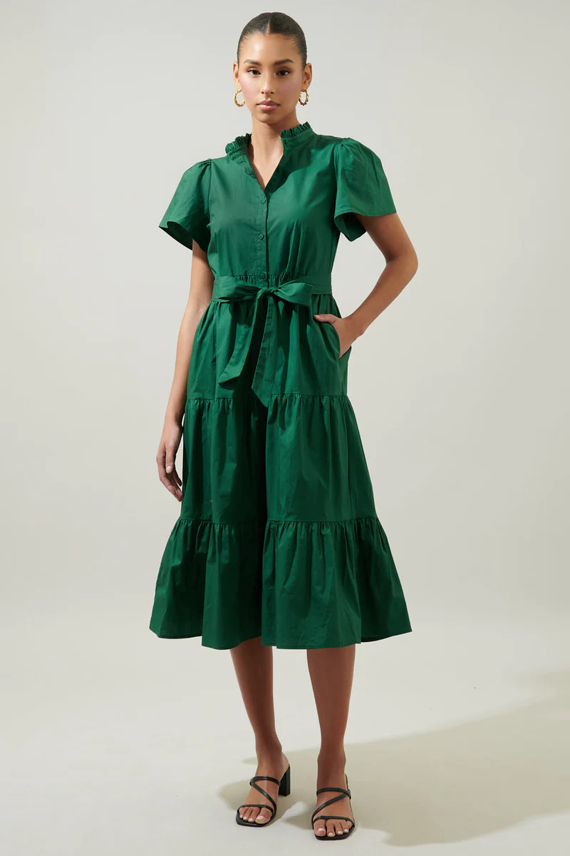 Bellucci Poplin Button Front Tiered Midi Dress | Sugarlips