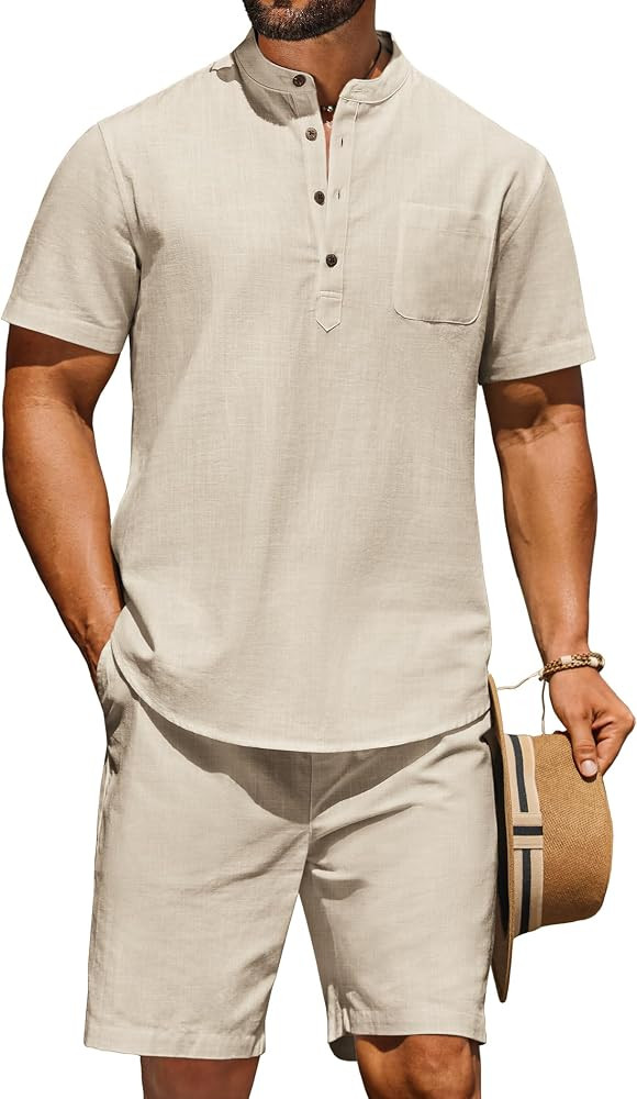 COOFANDY Men's 2 Piece Cotton Linen Sets Summer Beach Outfits Casual Short Sleeve Henley Shirts a... | Amazon (US)